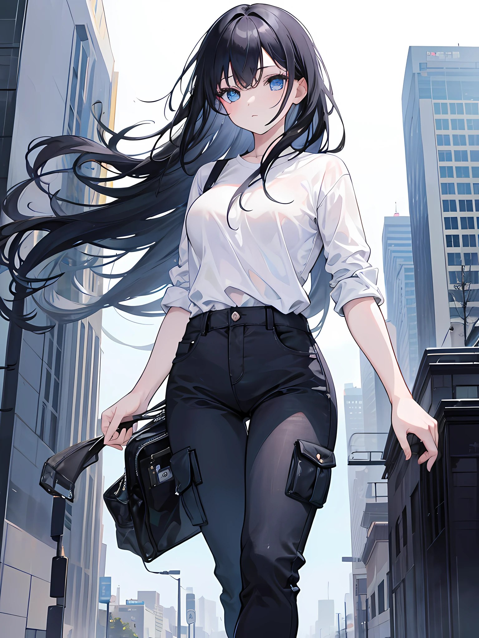 1girl, long black hair, blue eyes, wearing white shirt, Slim Denim Cargo Pants, city, absurdres, high res, ultrasharp, 8k, masterpiece, looking at viewer