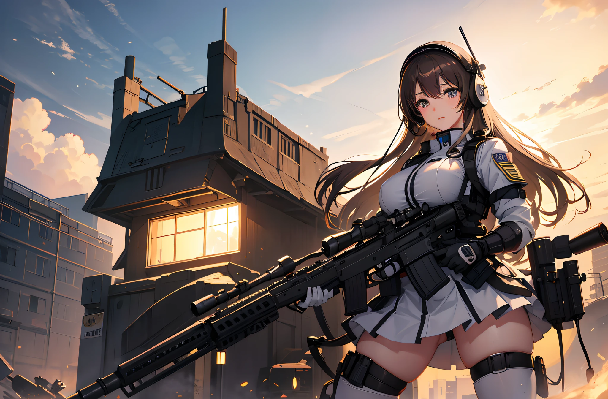 Anime girl, White sparkling eyes, Long brown hair, big breast, showing thighs, ((military helmet,)) Night vision goggles, Headset with microphone, tactical vest, mitts, Mini skirt, Tall stockings, kneehigh boots, Hold a rifle or aim a sniper rifle, (Best quality, 4K, A high resolution, Masterpiece:1.2) Ultra-detailed, (Realistic, Photorealistic:1.37), sportrait, Vibrant colors, Atmospheric lighting.