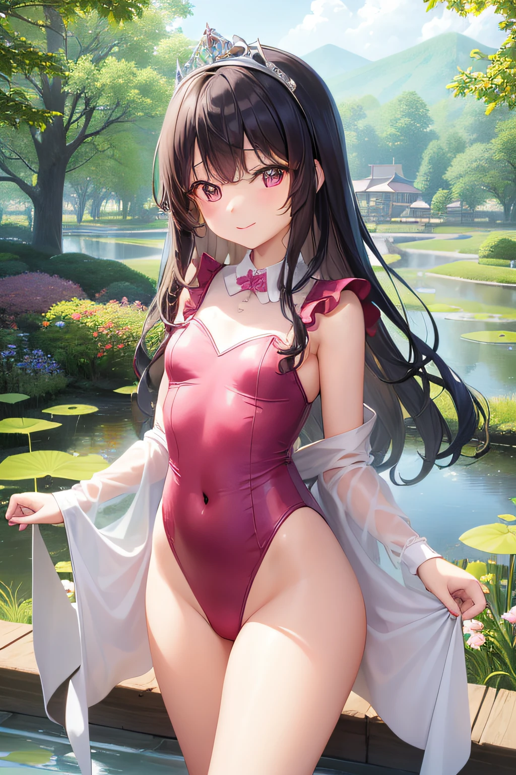 top-quality、extremely delicate and beautiful、Soio、Soio、8-year-old little girl、japanes、Lori、Chiquita、elementary student、A dark-haired、((Pink leotard))、(highleg)、Tiara on the head、A smile、is standing、Facing the front、Pond in the background、the woods