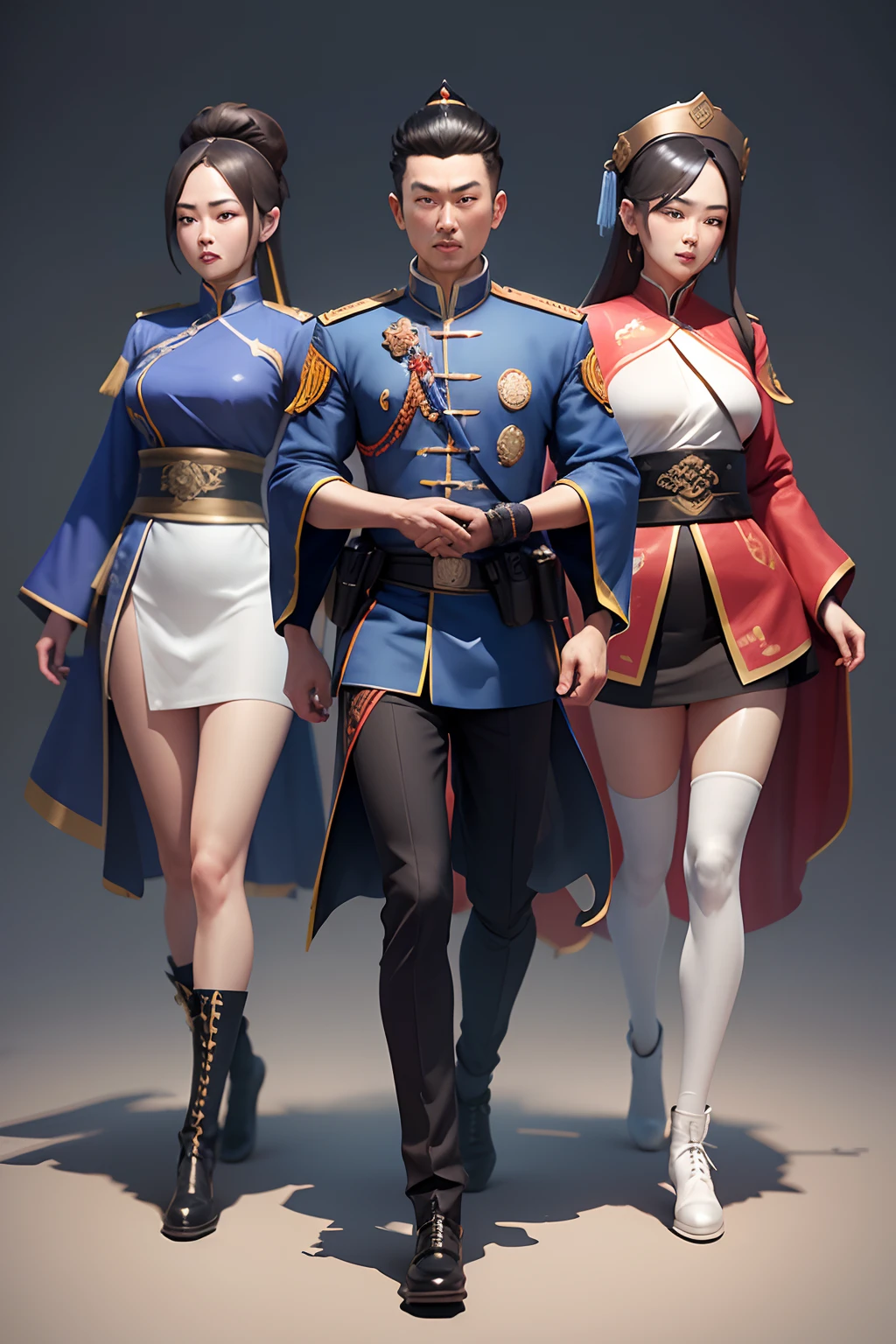 Design a modern community police image，His facial features are Lin Zexu's。Cartoon IP image，3D modeling style，Full body photo，Three View