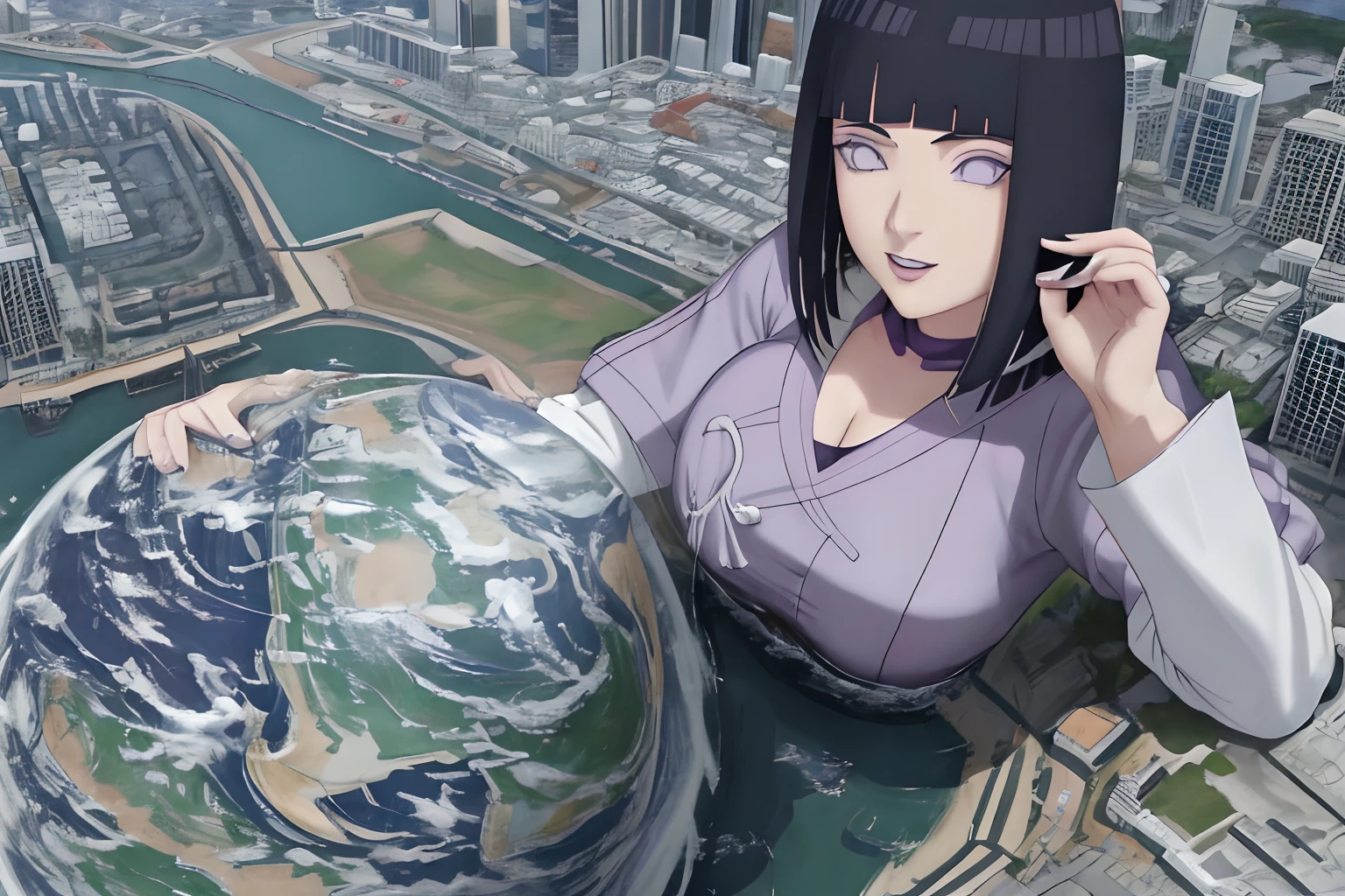 Masutepiece, La mejor calidad, colores vibrantes, ((Madre enorme)), ((Altura 30m:1.2)),Hinata Hyuga,Tallgts,Gigante，，Aspecto hermoso，maquillaje delicado，perfect ilumination，cinematic quality，8k,alta calidad,(GTScity:1.5),GTS,aerial  view，Rampage,Escalonamiento, perfect composition, labios detallados, pecho grande, Cara hermosa, body propotion, sonrojarse, (labios rosados), Cabello largo, purple eyes, mirada suave, super-realistic, detallado, , Rostro y cuerpo realistas, escote,obra maestra, absurdos, Hinata \ (Boruto \), 1girl, solamente, hembra madura, Sudadera con capucha morada, mangas en capas, short pantalones marrones, , Perfect composition,, pecho grande, mirando hacia arriba,cleavage