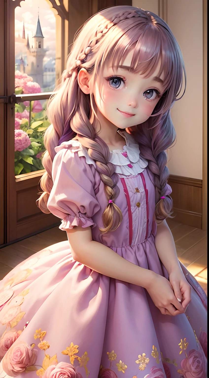 (Best Quality),(masutepiece),(ultra-detailliert),(detaileds),(Extremely detailed),Beautiful children's book cover, Colorful and capricious,(Best Quality),(Soft and sweet),(Adorable,wealthy(Vivid and dynamic illustrations),(Fun and playful),(Sparkling eyes and sweet smile),(Bright and lovely flowers),(Inside the castle),(pink  dress),(Hair curly in light purple),(Braids before)