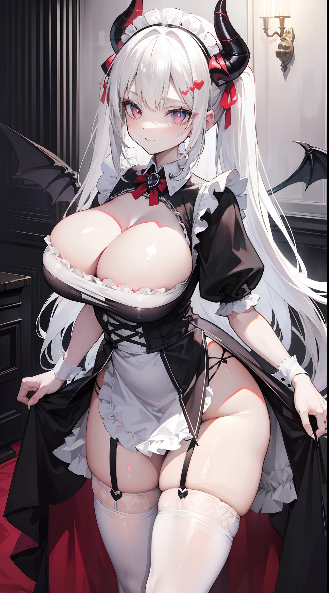 Striped hair，White color hair, mismatched pupils, Chiaroscuro, back lit lighting, Gothic art, 16k, Best quality, Anatomically correct, High details，maidennurse，(huge tit)，(white stockings)，red pupils，thongs，(ssmile)，strappy，srestrained，leg loops，Chains，((devil horns))，((maidennurse))，Heart-shaped openwork，((Thigh strangle))，Black and white maid outfit，(the maid outfit)