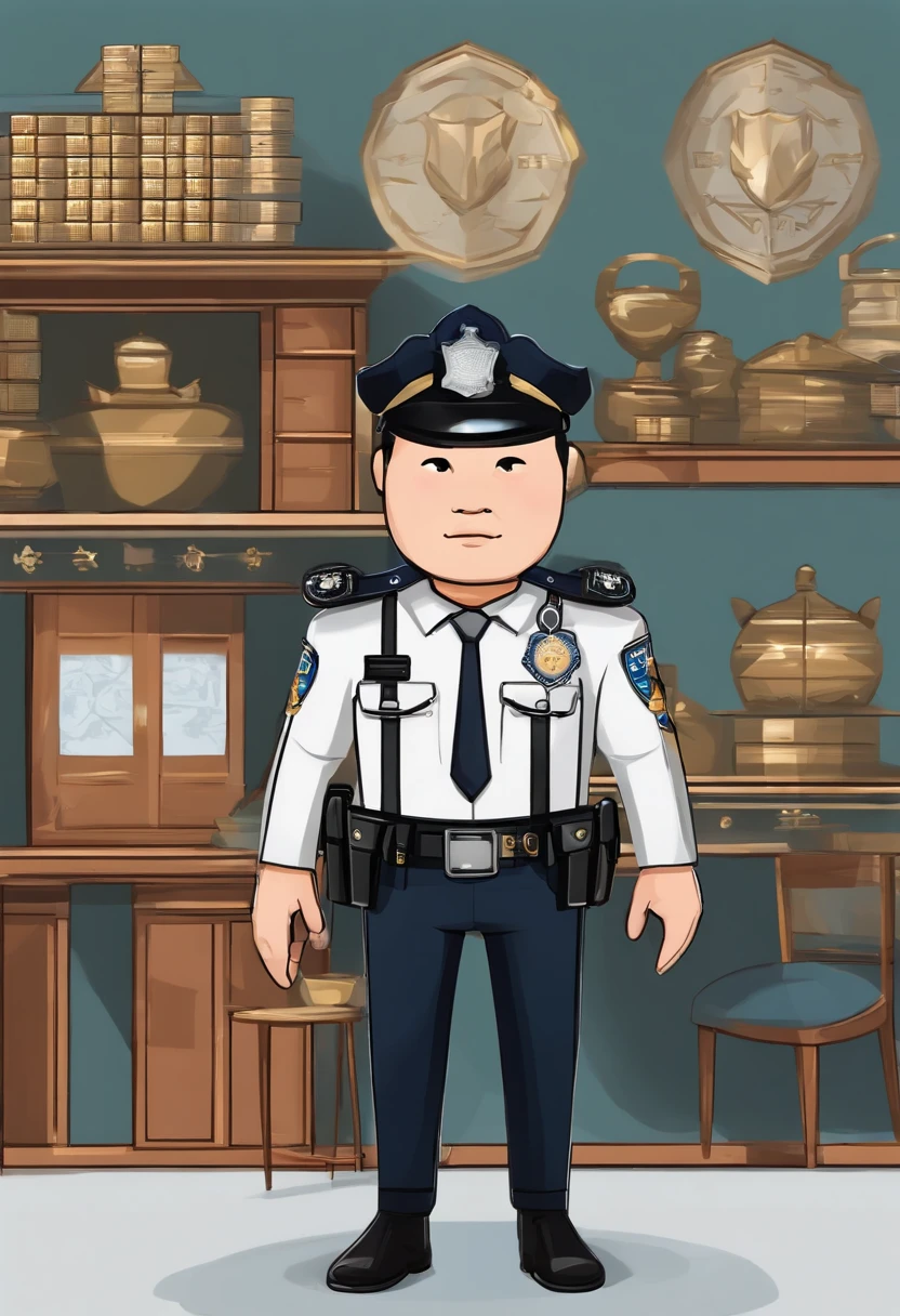 Design a modern community police image，His facial features are Lin Zexu's。Cartoon IP image，Full body photo，Three View，The background is white，Flat cartoon style