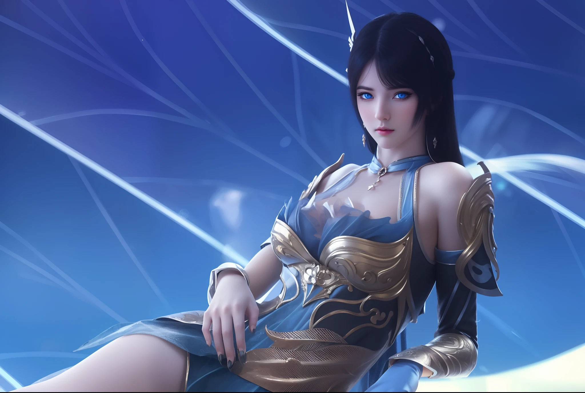 (hyperrealistic), (illustration), (high resolution), (8K), (extremely detailed), (best illustration), (beautiful detailed eyes), (best quality), (ultra-detailed), (masterpiece), (wallpaper), (photorealistic), (natural light), (rim lighting), (detailed face), (high detailed realistic skin texture), (anatomically correct), (solo), (1 girl), (high detailed realistic hair), (black hair:1.35), (heterochromic eyes), (detailed eyes), (blue eyes:1.37), (sparkling eyes), (realistic big breasts:1.5), (exposed breasts:1.35), (long legs), (slender abs), (dynamic pose), (closed tiny mouth:1.3), nsfw, concentrated expression.