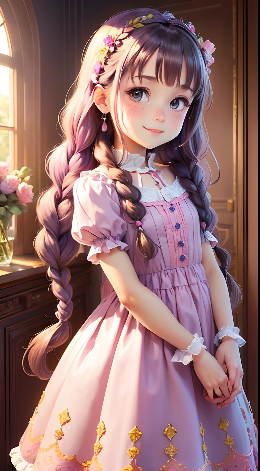 (Best Quality),(masutepiece),(ultra-detailliert),(detaileds),(Extremely detailed),Beautiful children's book cover, Colorful and capricious,(Best Quality),(Soft and sweet),(Adorable,wealthy(Vivid and dynamic illustrations),(Fun and playful),(Sparkling eyes and sweet smile),(Bright and lovely flowers),(Inside the castle),(pink dress),(Hair curly in light purple),(Braids before)