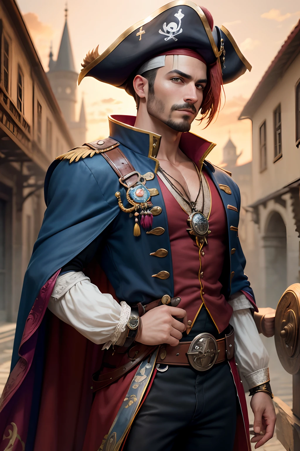 arafed image of a man in a pirate costume standing in front of a castle, swashbuckler class pirate, pirate captain, bald male swashbuckler, pirate setting, pirate clothes, pirate clothing, mage robe based on a toucan, blacksmith's outfit, clothes themed on a peacock mage, ornate attire, adventurer outfit large cloak