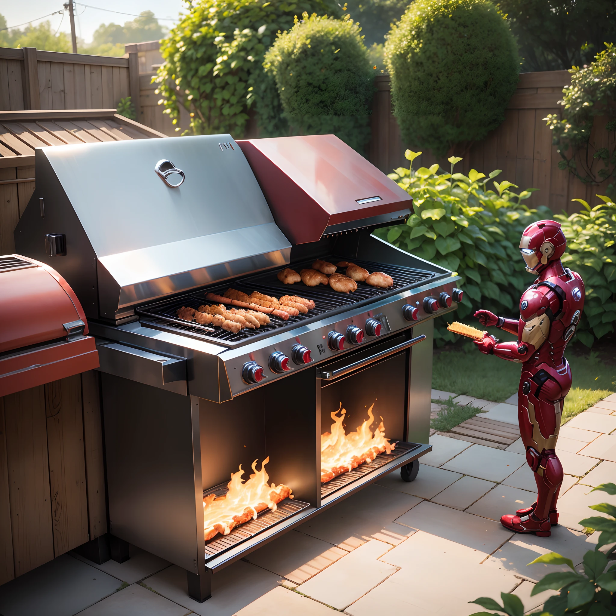 Ironman standing in front of barbeque looking at it ,chiken is roasting in a baebique, background garden, micro detail, illustration