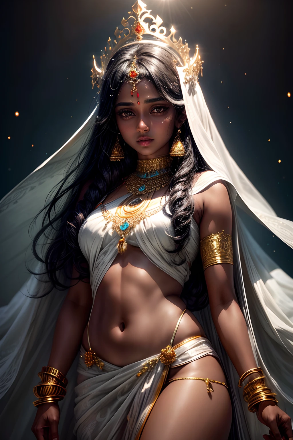 a south indian dark skinned woman named Aditi, goddess, wearing white satin out with a detailed crown, glow, magical glittering
