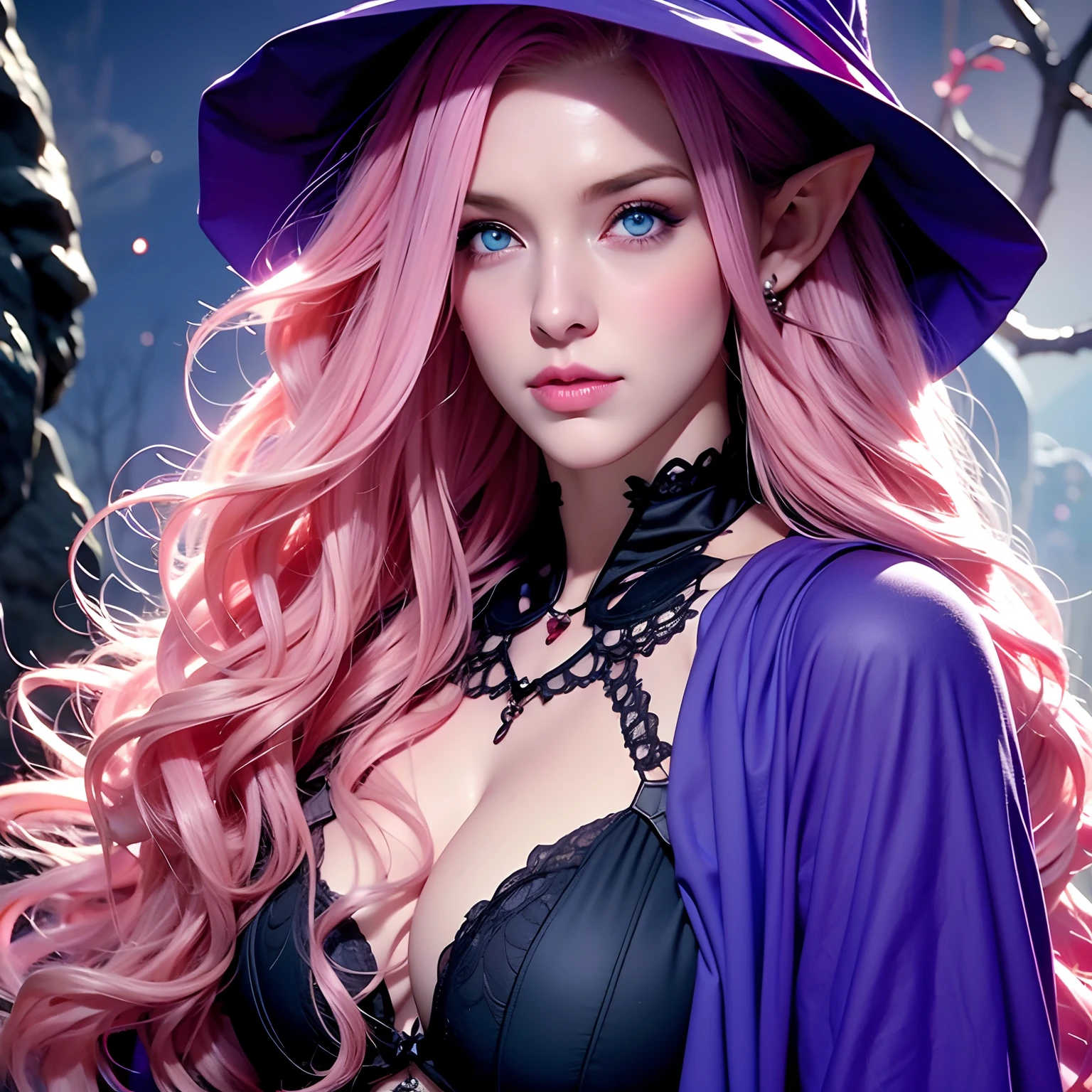 a woman, long curly hair, pink hair, blue eyes, elf, skull costume, witch, pumpkin, halloween, elf
