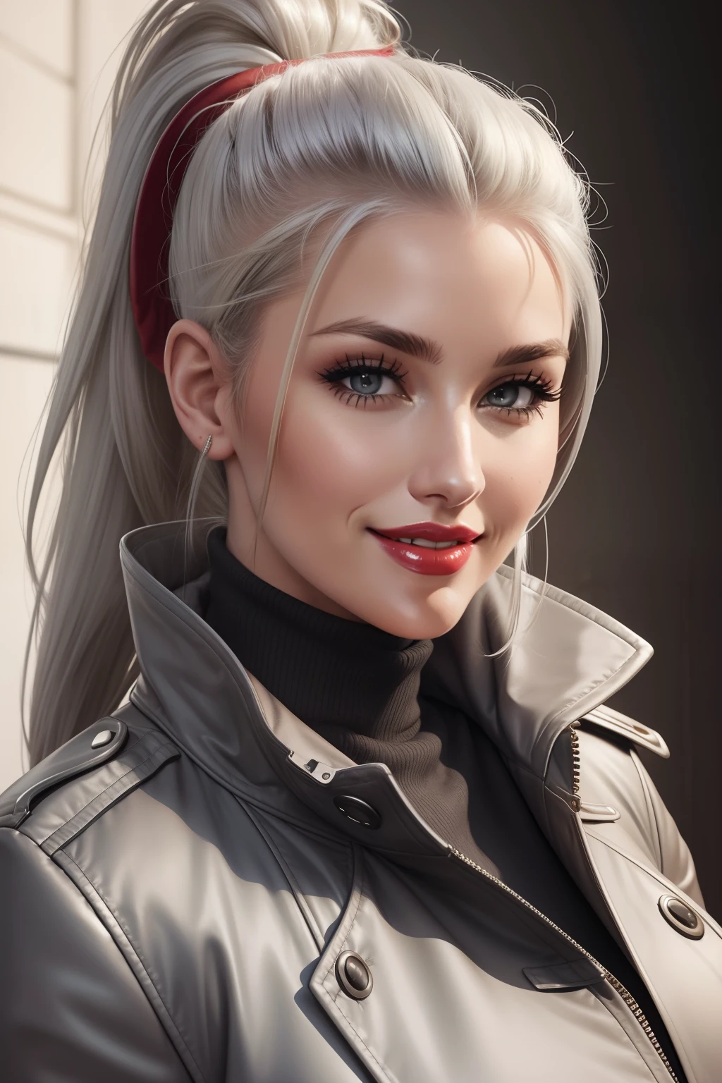 lucy pinder, face portrait, smiling, platinum hair, ponytail, red lipstick, gray trench coat