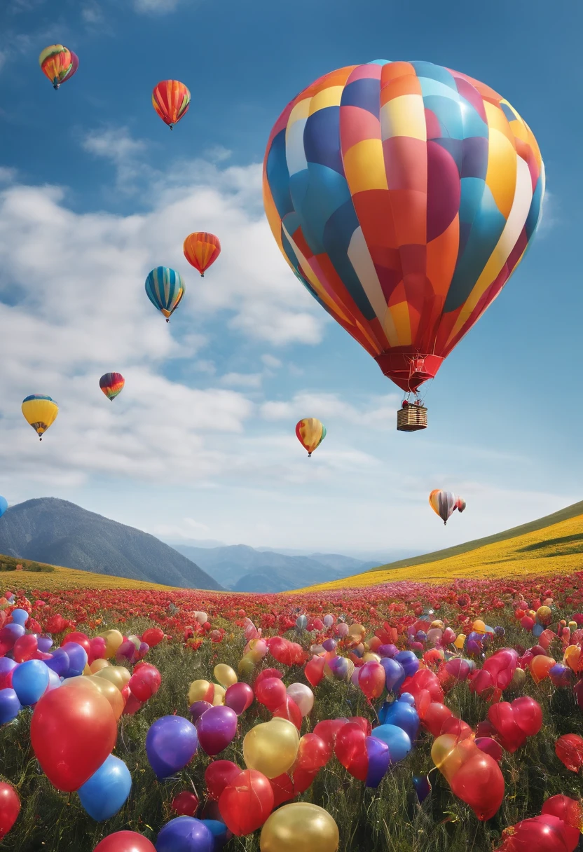 Rushing balloons flutter in the blue sky、Huge Happy Birthday inscription，Festive colors