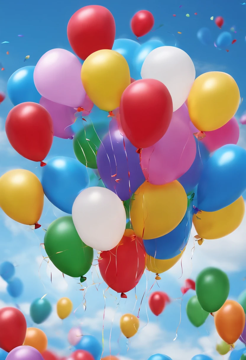 Rushing balloons flutter in the blue sky、Huge Happy Birthday inscription，Festive colors