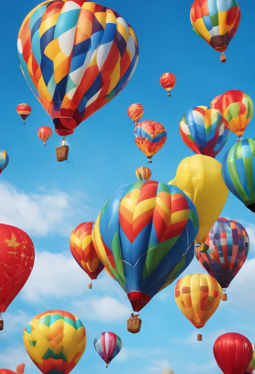 Rushing balloons flutter in the blue sky、Huge Happy Birthday inscription,Festive colors