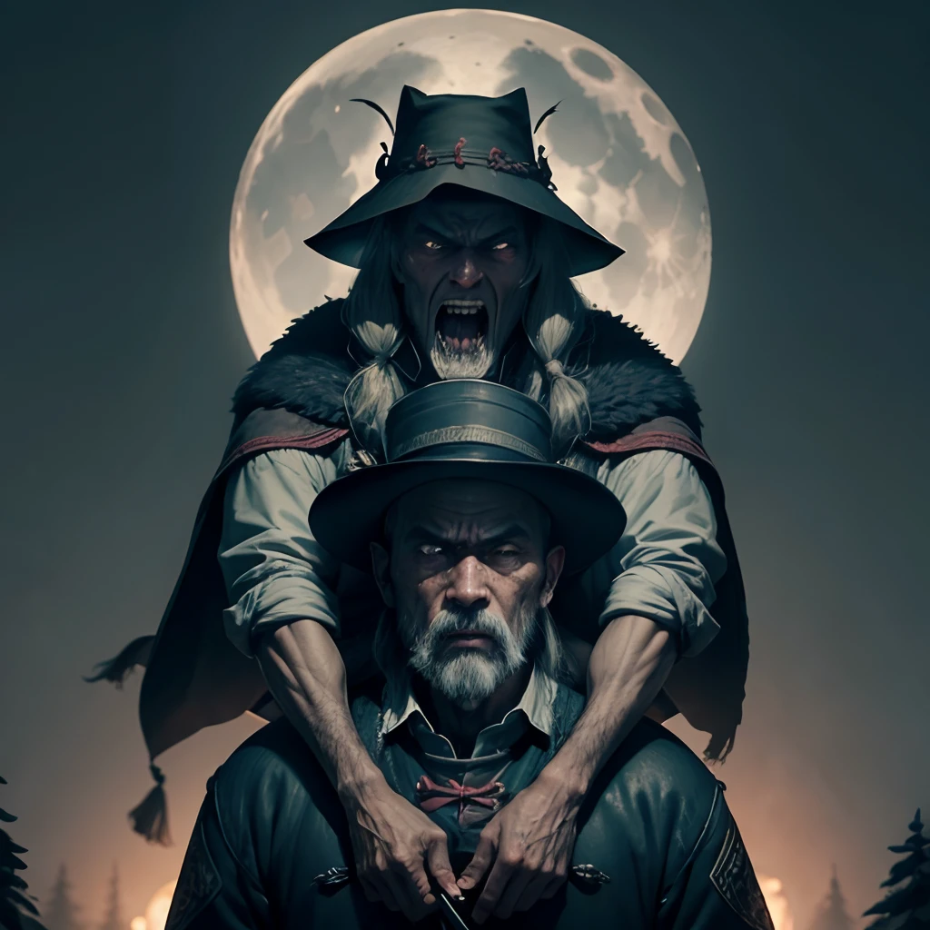 the night，Balding middle-aged man in cape，The expression is fierce，bucket-hat，Ride on zombies（Chinese_Qing_zombi：1.3）On the shoulders，Zombies dressed in Qing dynasty official costumes，Official hat，jewely，The zombie's face is dry，Open-mouthed，Claws，Depict facial details in detail，The background is woods，Very large moon，barren，Man in mid-air，super-fine，hyper HD