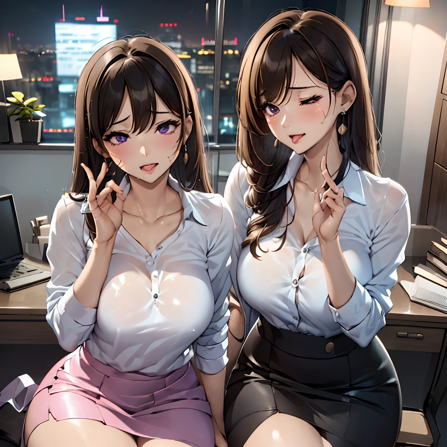 (masutepiece, Best Quality),NSFW,
1girl in, Sitting, Looking Up, (Close-up Face:1.1),
Break Girl, Female President、A MILF, Business Girl、In the office、Tears, blush, embarrassed, (Open mouth:1.1), (Saliva:1.2), (saliva trail:1.4), (Closed eyes:1.1), Tongue out, (long tongue:1.1), (cum on tongue:0.9), Heavy breathing, (masutepiece, Best Quality, High quality:1.4), (Curve:1.1), Sit cross-legged at a desk, Office, (Full body shot:1.1),
Long hair, lip stick, makeup, Ultra Detail Hair, ultra detail face, (Purple eyes:1.05), Perfect eyes, Perfect face, earrings, (Confused, blush:1.2), (garterbelts:1.1), pencil skirts, Office Uniform, high-heels,
(Large breasts:1.1), cleavage, Big ass, thighs thighs thighs thighs,
Break the floor in the background