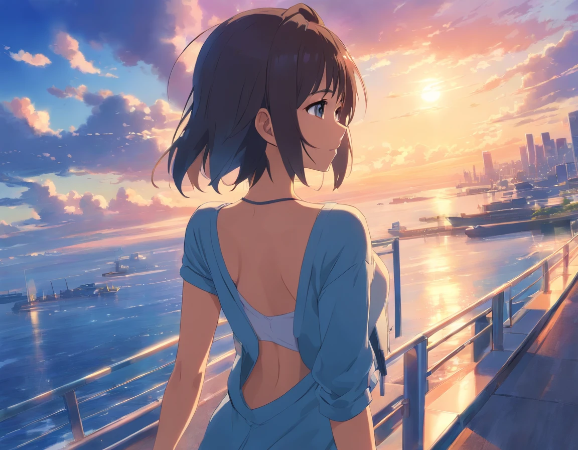 ​masterpiece、top-quality、Movie stills、1girl、Muscle Girl、Pose showing biceps、Long、from side、floating in sky、a closeup、发光、Warm soft lighting、the setting sun、(Spark:0.7)