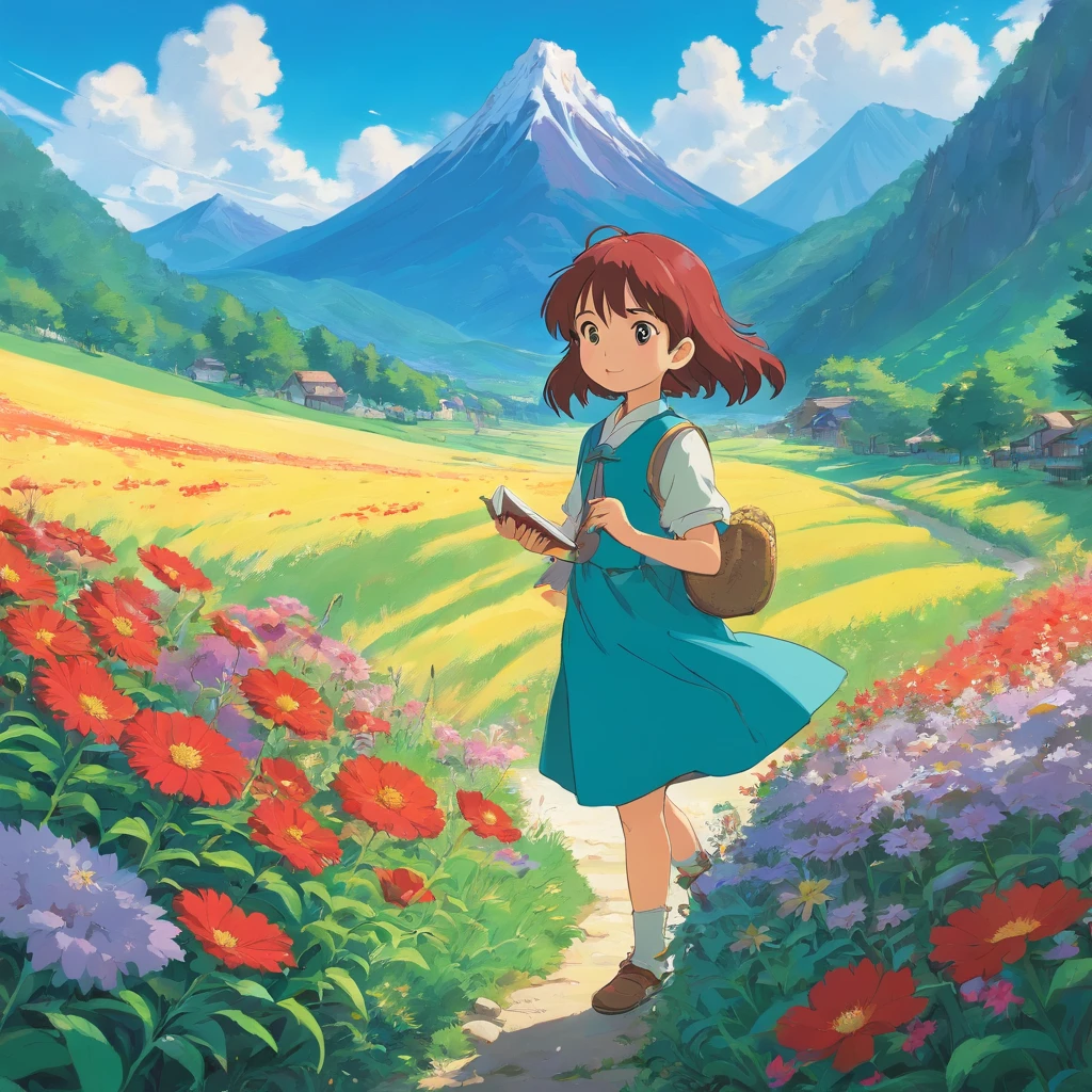 The five-star red flag is flying，Majestic peaks point to the sky，Flower-filled fields at the foot of the mountain，Children study hard，The book reads, "Childlike heart to the party."，Set sail with your dreams"