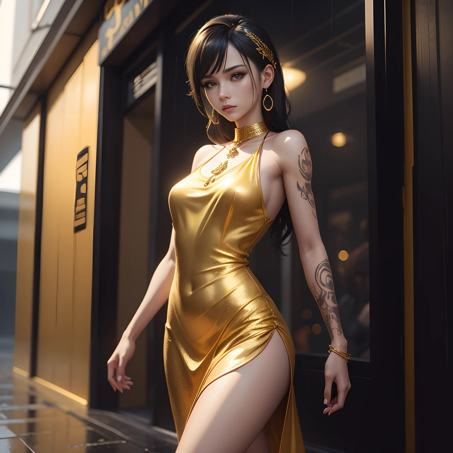 Gold tattoo with girl with golden earrings, In the style of vray tracing, Martin Ansin, yuumei, Poured, close up, Dark white and gold, speedpainting, masutepiece, Best Quality,Skinny Legs,Gold Dress,Party Venue,