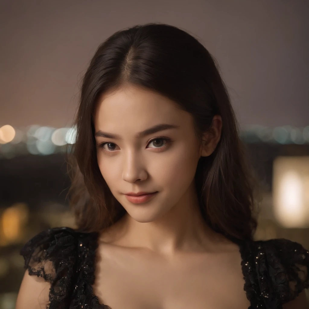 night，Cute girl，looks into camera，is shy，black reotard，Expensive cameras，Stand on the roof of the houiscus