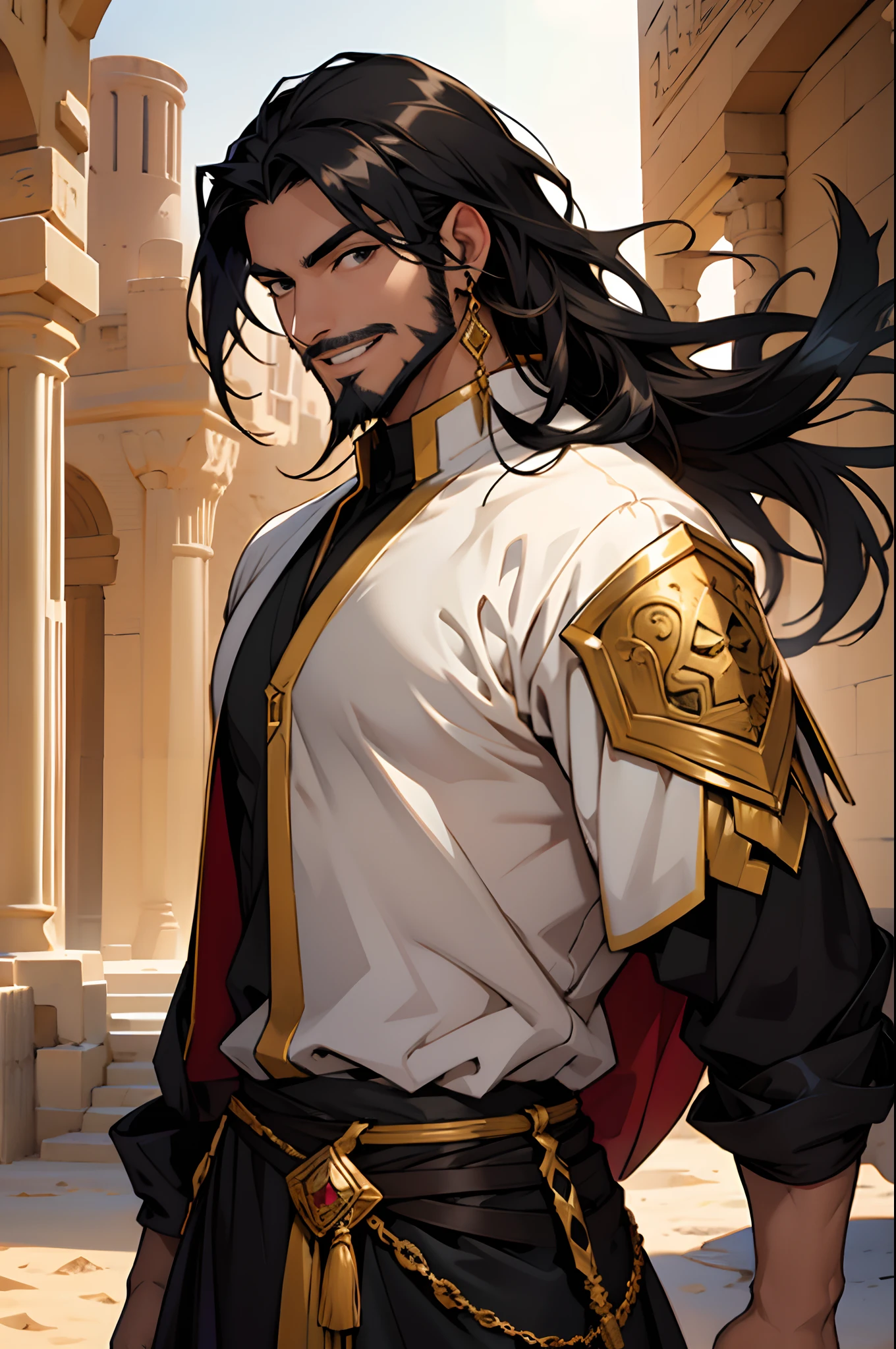 Cover magazine, Anime, young man, solo, long hair, black hair, black eyes, Arabian clothes, arabia, jewelry, model, half body potrait, fantasy, Mesir, desert, Thin beard, smile