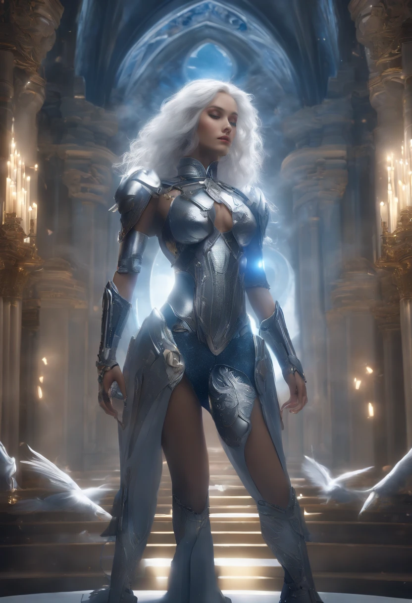 {{masterpiece}}, flat chestbest quality},{highres},solo,flat_chest,a girl inside the church with white hair and blue pupil surrounded by {many} glowing {feathers} in cold face,detailed face,night with bright colorful lights whith richly layered clouds and clouded moon in the detailed sky,{a lot of glowing particles},high ponytail,mecha clothes,robot girl,cool movement,sliver bodysuit,{filigree},delicate and (intricate) hair,((sliver)) and (broken) body,blue streaked hair,full body,Depth of field, sitting on a {blue star}
