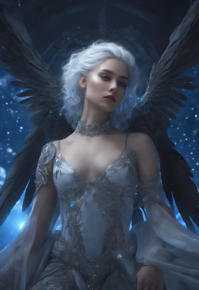 {{masterpiece}}, flat chestbest quality},{highres},solo,flat_chest,a girl inside the church with white hair and blue pupil surrounded by {many} glowing {feathers} in cold face,detailed face,night with bright colorful lights whith richly layered clouds and clouded moon in the detailed sky,{a lot of glowing particles},high ponytail,mecha clothes,robot girl,cool movement,sliver bodysuit,{filigree},delicate and (intricate) hair,((sliver)) and (broken) body,blue streaked hair,full body,Depth of field, sitting on a {blue star}