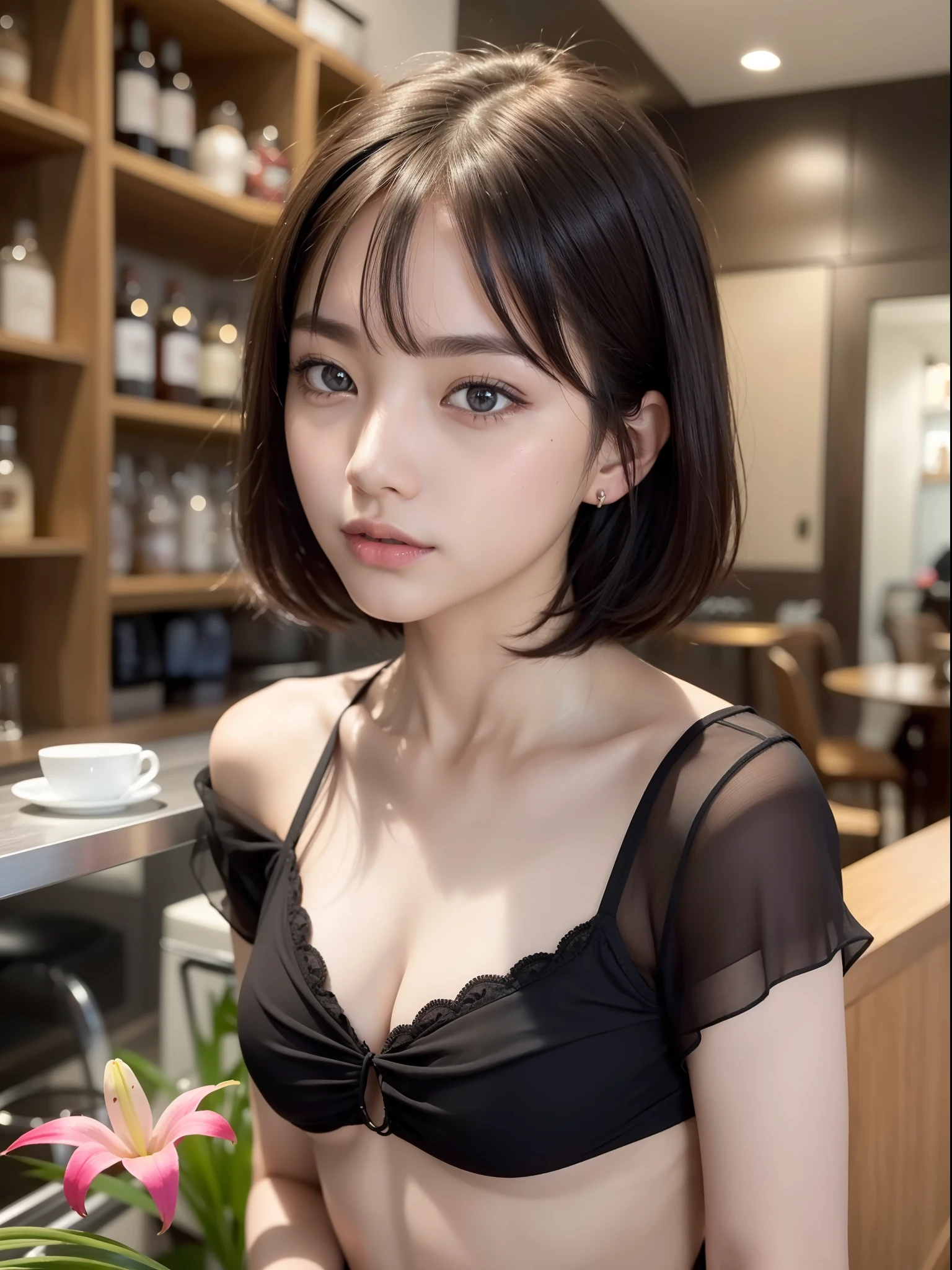 ((of the highest quality, 8K, masutepiece: 1.3, Raw photo)), Sharp Focus: 1.2, (1 AESPA Girl :1.1), Solo, (Realistic, Photorealistic: 1.37), (Face Focus: 1.1), Cute face, hyperdetailed face, (short messy hair: 1.2), Small Smile, Small breasts, flat chest, nude, (taking off her black chiffon shirt: 1.2), Thigh, panties, cafe, bar, flower, lily