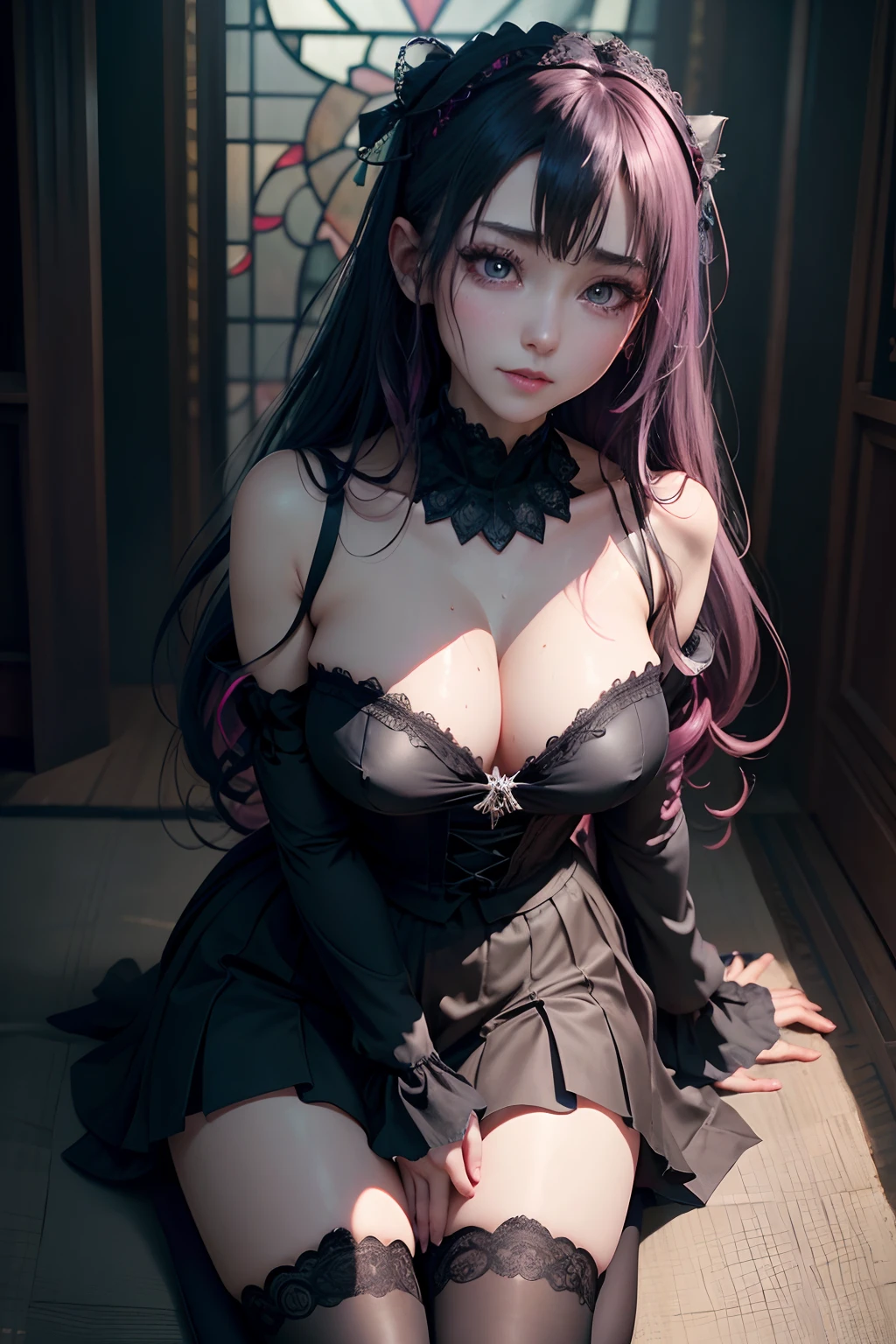 A sexy、A slight smil、garterbelts、knee high socks、panthyhose、Beautifying the world、Unhappy、Lament my night's fantasy、Transcendent beauty、Beautiful shape、wretched、ghosts、wraiths、Evil Spirit、Beautiful、boredom、Unusual beauty、Bewitching、Fornication、Hard Dark Gothic Makeup、Maniacal、Deep night sky、horor、twin-tail hair、Black Dark Eyeshadow、slaves、crying how bright、mourn、Sad songs、Good skin luster、Lace pink、Long hair straight hair、Dark Gothic Makeup、Dark smile、Restless Palace、Expressions of sexual arousal、Fragrant beauty、age19、carriage、Lying、seductiv、Strong sexual pleasure facial expressions、A look of shame、open one's legs、Dark Gothic、Gothic Long Dress、Gothic ta、bright pink hair、masturbation、bell sleeves、Wizard Sleeve、Obscene look、Stained glass background、masutepiece、Best Quality、Ultra-detailed、Refers to 5 books、Sweat glitters on my chest、Glitter of sweat on your face、Glistening with huge amounts of sweat on my thighs、Expression of sexual pleasure in anguish、I'm sweating a lot、Drunken face、maid clothes、Nasty Woman、Mysterious、noble、Face holding back the toilet、Goth lolithes、Black pretend skirt、from below looking up、to stand、The body is wet and shiny、Has a transcendent sex appeal、
