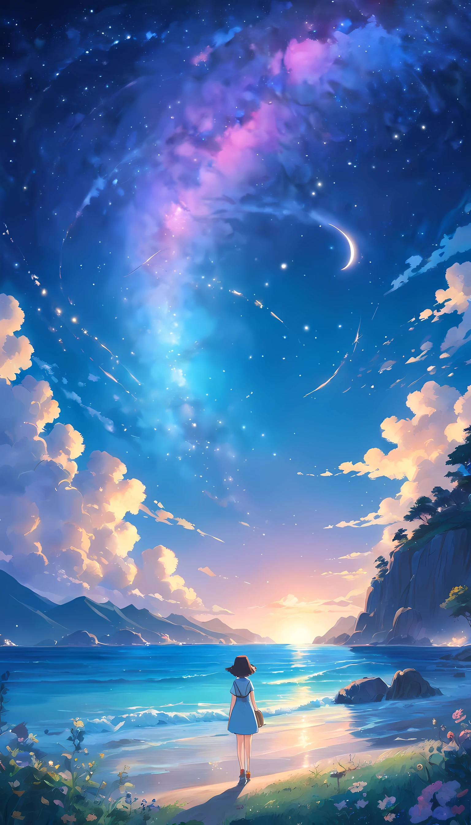 Master parts、Superior quality、Superior image quality、8K quality、Beautiful picture of the starry sky、magnifica、arching milkyway:1.9、Blue sea