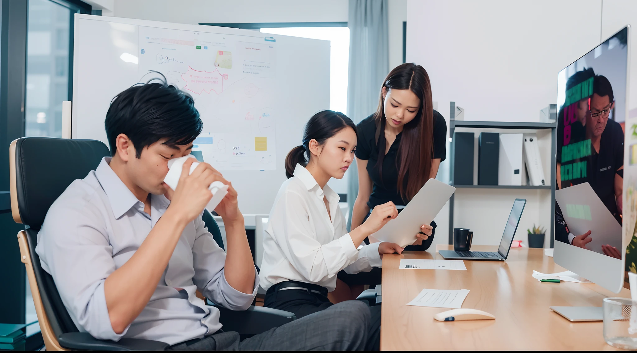 several people sitting around a table with a laptop and a monitor, portrait shot, coworkers, shutterstock, working in an office, in meeting together, beginner, people at work, in an office, in a meeting room, motivational, sleek design, professional cooperate, professional, interesting background, endless collaboration with ai, marketing photo, no gradients, exciting expression, asian, sharp