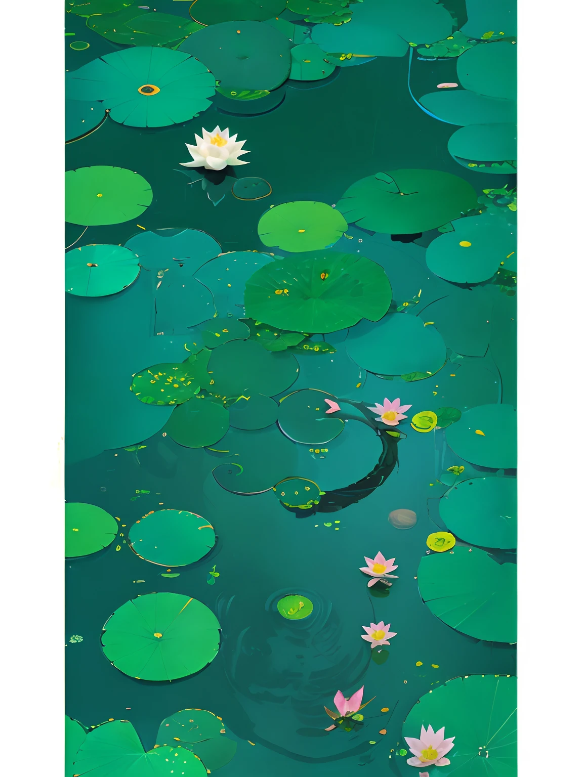 lotuses，ponds，frogs，The fish，illustration，scenecy，poster for，gracefulness