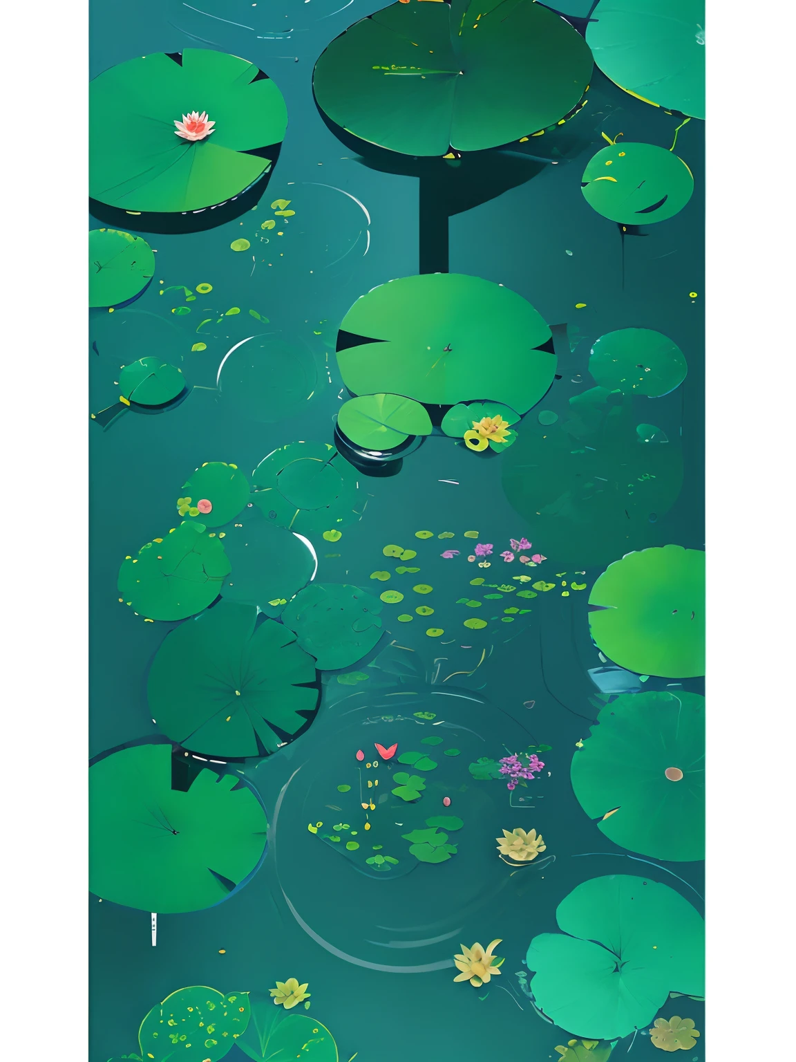 lotuses，ponds，frogs，The fish，illustration，scenecy，poster for，gracefulness