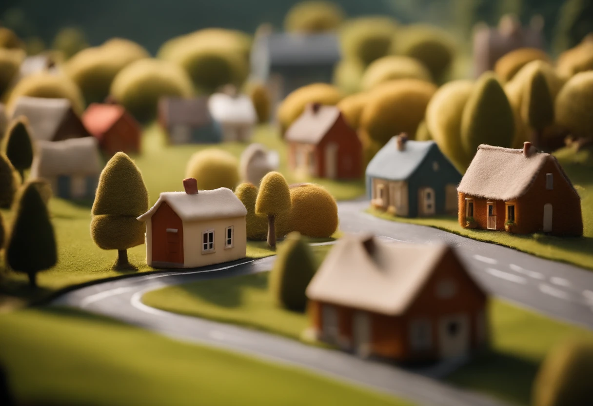 cute world of wool felt, wool knitted fabric, cartoon, some small houses, farms, barracks, warehouses, flower houses, super cute, superb lighting, volumetrics, by Jon Klassen, Ghibli Studio style, Tilt - shift, 80mm lens, Large aperture, 3d, blender, masterpiece, super detail, best quality