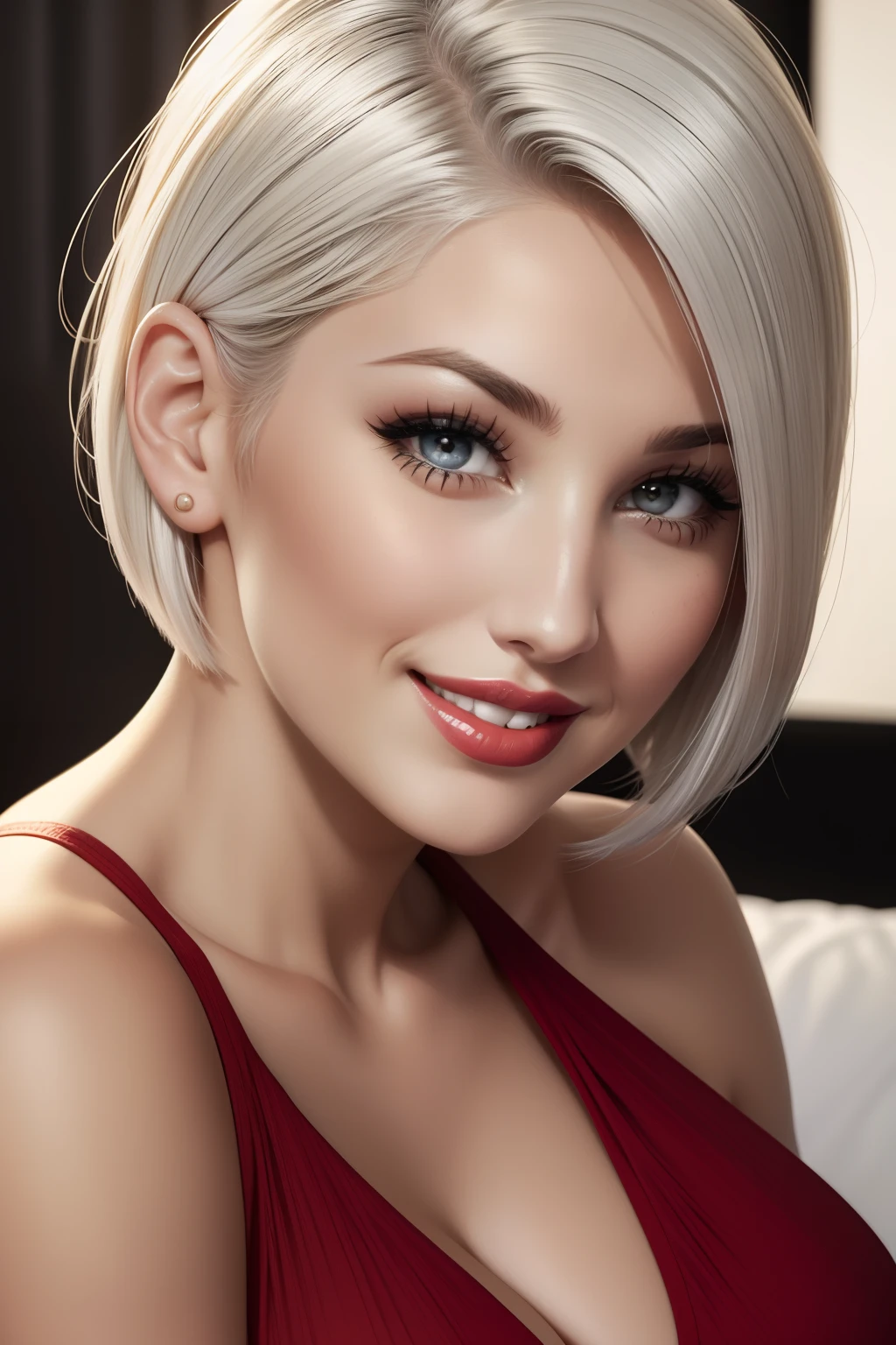 lucy pinder, face portrait, smiling, platinum hair, very short hair, red lipstick, gray dress