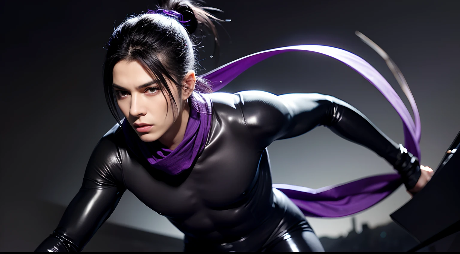 slim young man, black hair, long hair, topknot, long bangs, ((purple marks underneath eyes)), ((gray eyes)), black latex bodysuit highlighted by metal plating, ((long purple scarf)), ninja like aesthetic, menacing look