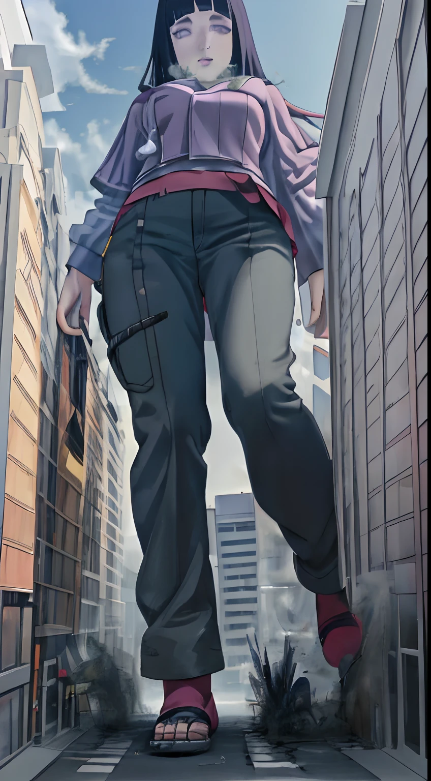 Masutepiece, La mejor calidad, colores vibrantes, ((Madre enorme)), ((Altura 30m:1.2)),Hinata Hyuga,Tallgts,Gigante,,Aspecto hermoso,maquillaje delicado,perfect ilumination,cinematic quality,8k,alta calidad,(GTScity:1.5),GTS,aerial view,Rampage,Escalonamiento, perfect composition, labios detallados, pecho grande, Cara hermosa, body propotion, sonrojarse, (labios rosados), Cabello largo, purple eyes, mirada suave, super-realistic, detallado, , Rostro y cuerpo realistas, escote,obra maestra, absurdos, Hinata \ (Boruto \), 1girl, solamente, hembra madura, Sudadera con capucha morada, mangas en capas, pantalones marrones, , Perfectcomposition,, pecho grande, mirando hacia arriba