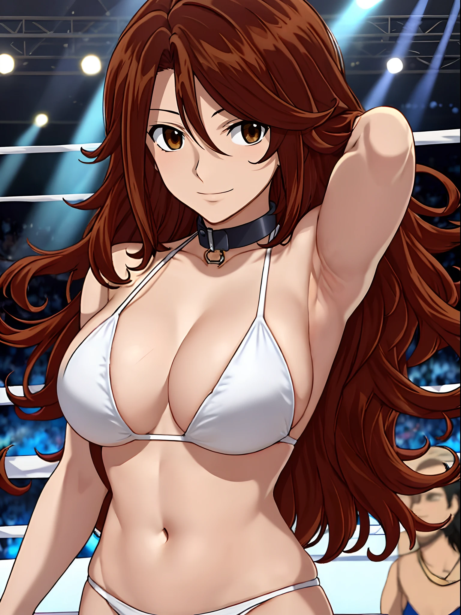 hug, Elegant lady, (upper body only), anime style: 1.8, anime drawing, ultra detailed face, ultra detailed body, 4k, Sumergai Lee Noriega, (standing), best quality, anime style, hires, highest definition, digital blending, bold drawing lines, ((wwe diva), (location: wrestling arena, crowds watching), ( slim body, (little biceps), , off-shoulders, closed fists, (curvy: 2.8)), ((white bikini, only, white gloves, collar, armpit protector)), victorious, winner, gentle, (pale skin, shiny skin, very , smile), (big eyes, brown eyes), (clapping), (brown hair, loose hair, curly hair, wavy hair, long hair, missy hair), 27 years old,