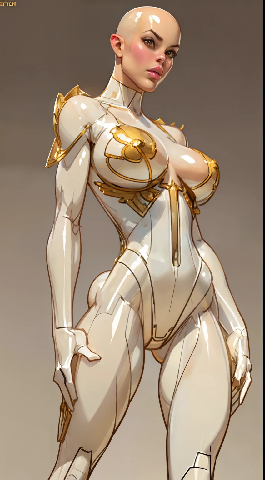 8k ((long neck:1.5))((full body view))((view from below:1.5)),(large eyes:1.3), defined cheekbones, looking back, ((the pit style:1.4))((sleek translucent bodysuit:1.6)) ((intricate translucent details:1.4))detailed face:1.5), translucent skin,(puffy lips:1.5) (translucent skin:1.6), (bald woman:1.7), (skinhead) ((sexy pose)),(Muscular:1.3), ((gigantic breasts:1.5)), )highly detailed, majestic, digital photography, art by artgerm and ruan jia and greg rutkowski, ((clear shoulder pads:1.2)), (masterpiece), sidelighting, intricate details, (((white and gold color palette))), body appears see through