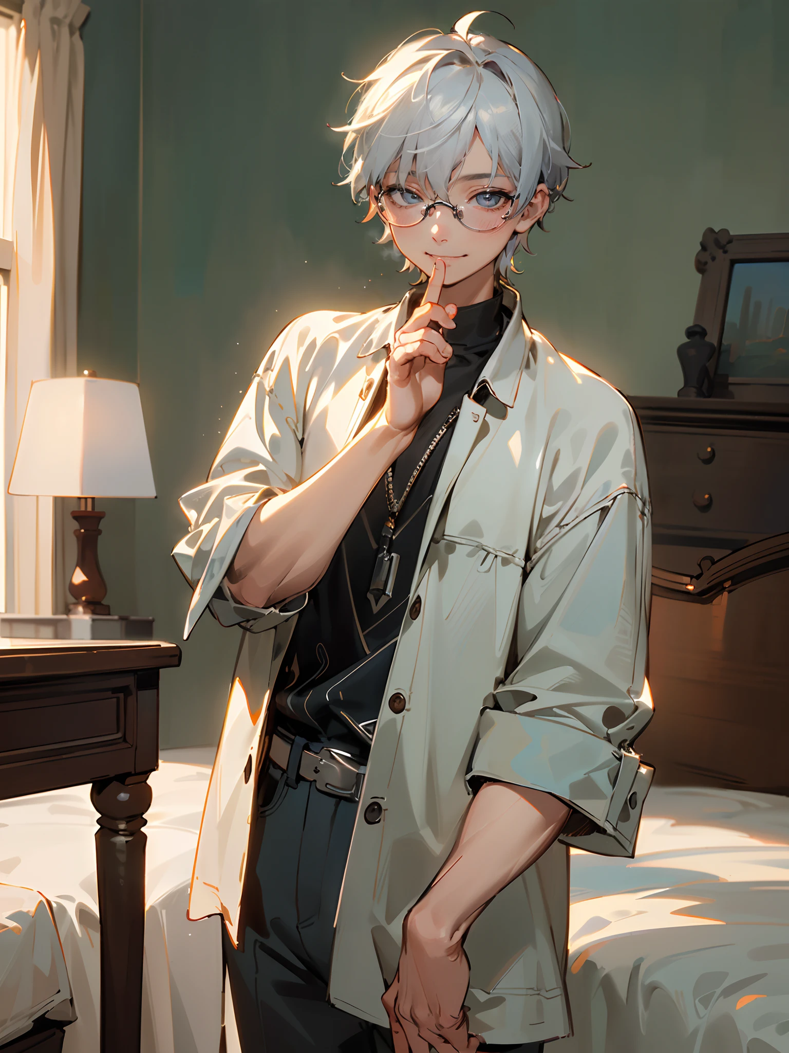 (Male child, eye glasses,A smile, silber hair，cowboy  shot),(((​masterpiece)))、(((top-quality)))、((ultra-definition))、(High Definition CG Illustration)、((extremely delicate and beautiful)), Background with:Modern style bedroom、Photorealsitic、8K