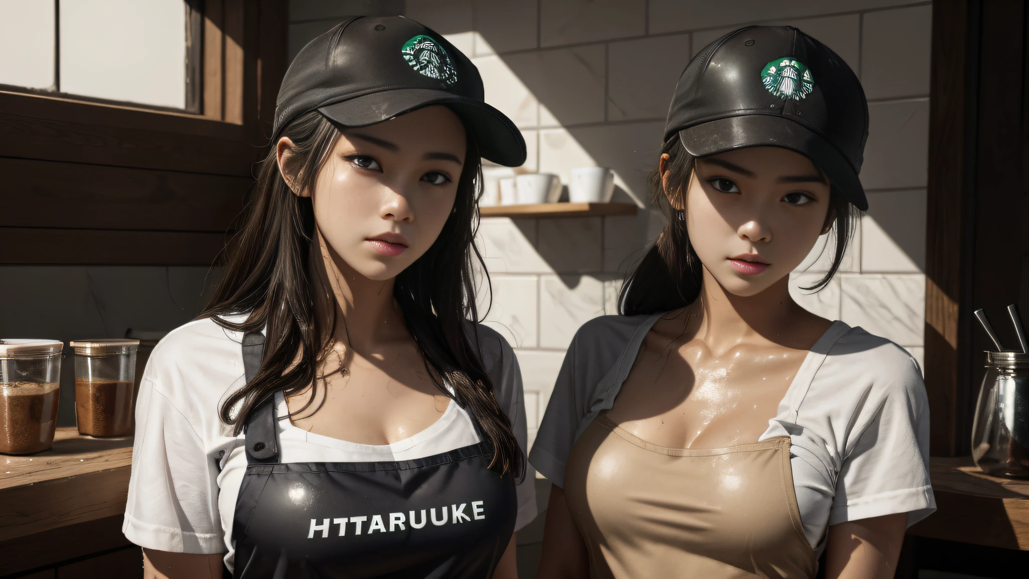 A girl in a Starbucks uniform makes coffee，（The palm does not appear 1.5）Wearing a baseball cap on his head，Clothes and skin are soaked all over，（wetclothes：1.8），Reflective skin，Sweaty skin，high high quality、tmasterpiece、Hyper-Resolution、barechested、NAKED Apron、wearing apron、full bodyesbian、