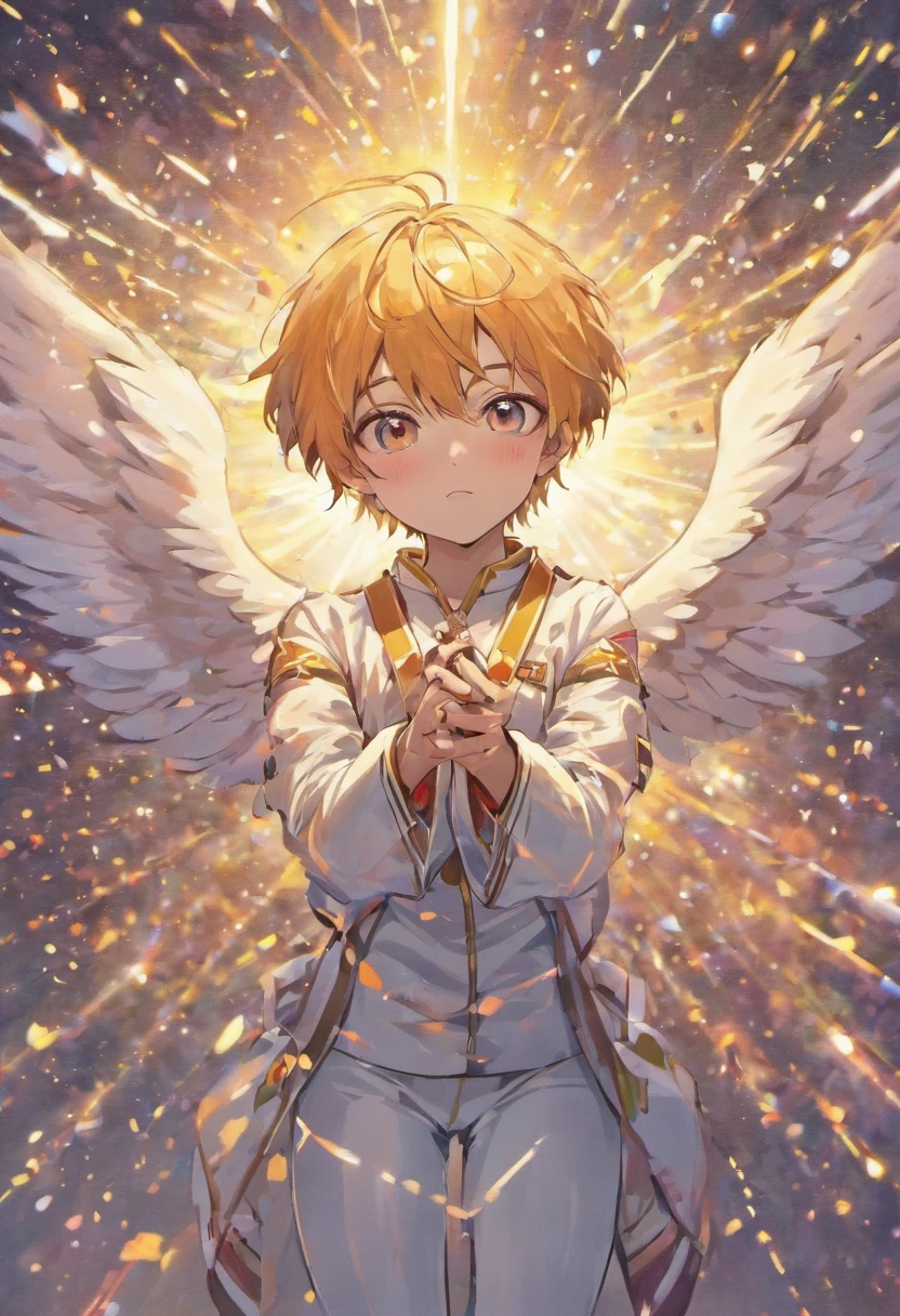 Anjo, masculino, roupa justa, olhos dourados, asas douradas grandes e abertas, white pant, regata branca, olhos dourados.