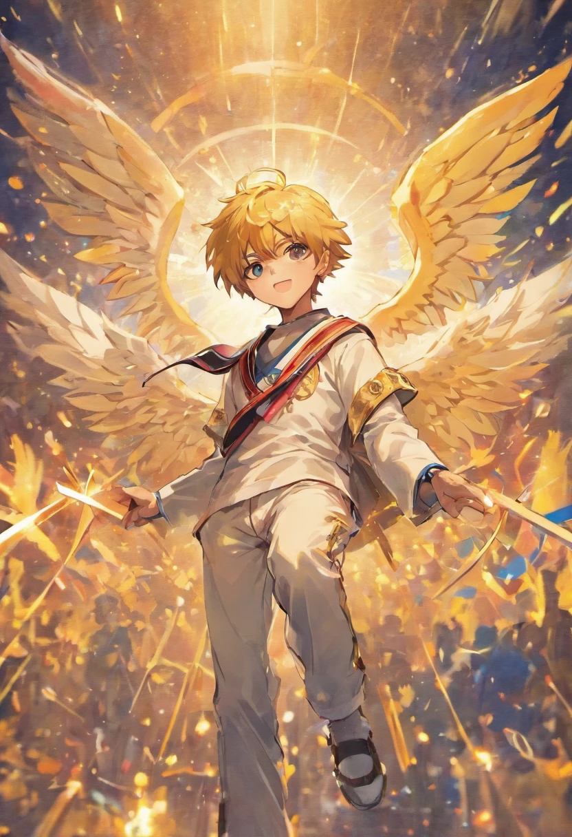 Anjo, masculino, roupa justa, olhos dourados, asas douradas grandes e abertas, white pant, regata branca, olhos dourados.