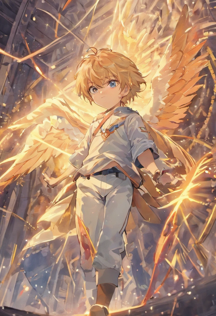 Anjo, masculino, roupa justa, olhos dourados, asas douradas grandes e abertas, white pant, regata branca, olhos dourados.