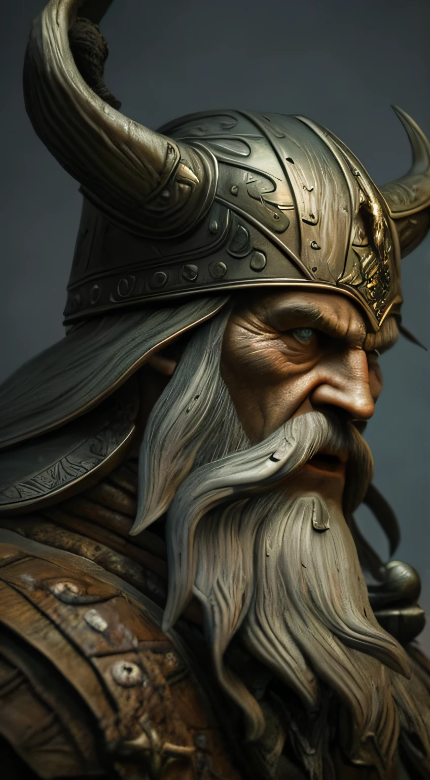 a close up of a statue of a viking with a horned head, norse god, viking god, painted portrait of rugged odin, norse warrior, detailed digital 3d art, viking face in profile, viking berserker, viking warrior, portrait of a viking, viking warrior illustration, zbrush art, berserker potrait, norse, @ zbrush, epic viking king