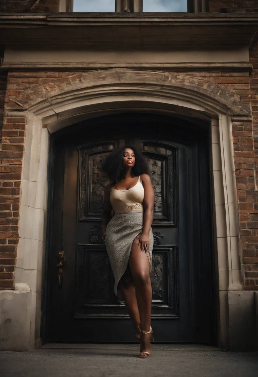 giant tall ,curvy black thick woman ,taller than normal door,very long legs,high heels,big hips,big thighs,blue eyes.long hair,blond,taller than a normal door,her head above the door,standing up.full body picture