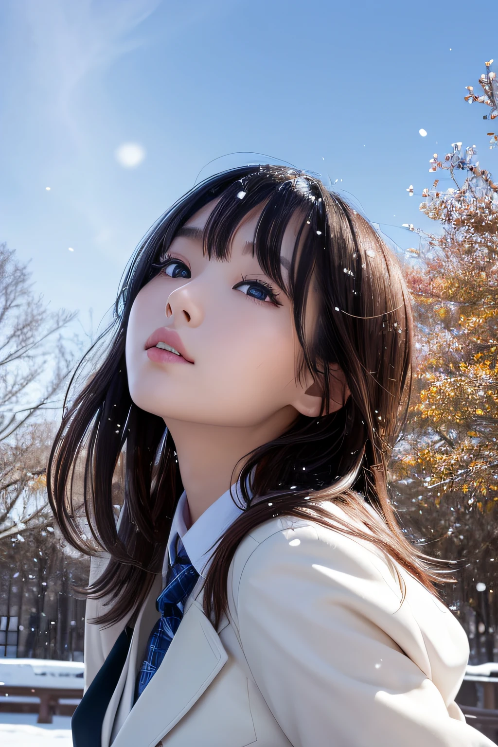 Best Quality、masutepiece、超A high resolution、(Photorealistic:1.4)、adult lady、modeled、long legged、(Thin eyebrows:0.2)、(thin lipss:0.8)、(small nose:0.8)、Appearance without makeup、(japanese hight school uniform:1.2)、Blazer Uniform、neck tie、Plaid mid-length spline skirt、(Looking up at the sky:1.2)、Shooting from below、spreading arms widely、Colossal tits、(the perfect body:1.2)、Park at night、snowflakes falling、wetting hair、Snow sticks to clothes、By Michelangelo、ulzzang -6500-v1.1