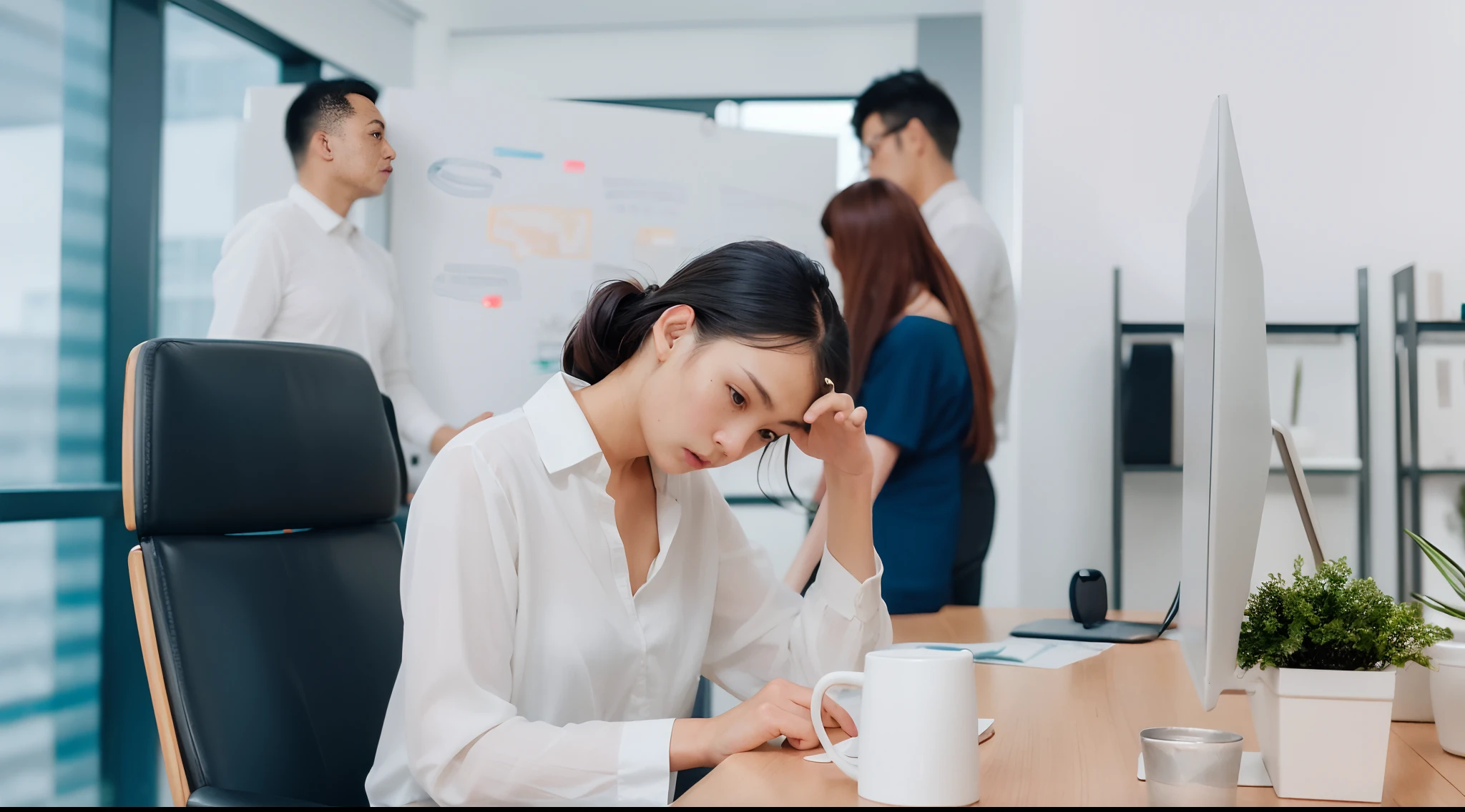 there is a woman sitting at a table with a cup of coffee, woman very tired, frustrated, the futility of overexertion, struggling, frustrated expression, frustrated detailed, frustration, stressed and burnt out, unhappy, stressed expression, tired expression, shutterstock, no gradients, overload, very sad, intense moment, exclusive, professional, woman, 8k, sharp, detailed, masterpiece