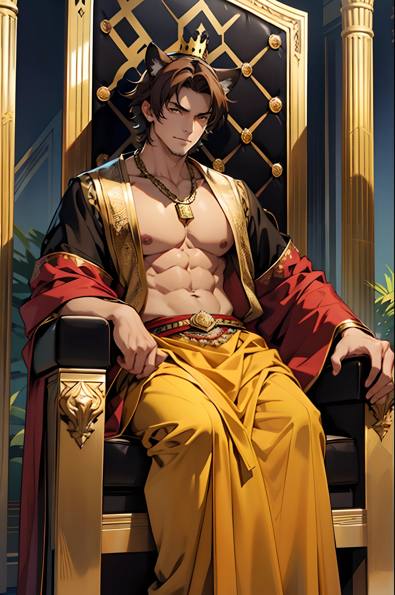 cover magazine, Japanese cartoons, middle-aged man, alone, short hair, dark brown hair, Yellow-red eyes, Big cat ears, bronzed skin, dark skin, Arab衣服, Arab, jewelry, Gorgeous, Handsome, Model, bust, fantasy, Messier, desert, The king, Sudan, crown, throne, palace, abdominal muscles