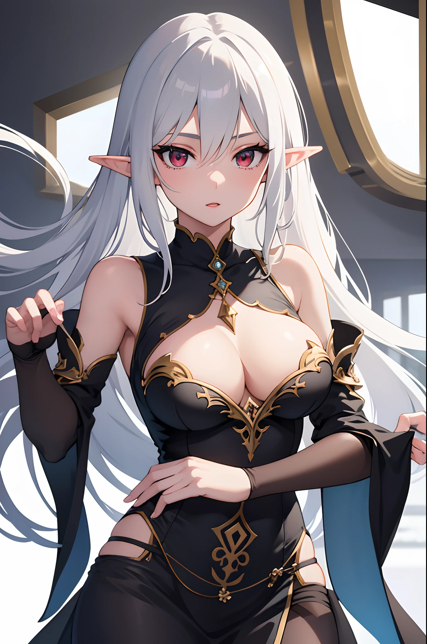1girl, anime, cute girl, elf, blank background, white background, fantasy, detailed dark fantasy dress with highlights, beautiful face, beautiful eyes, dark colors, medium breasts, slight cleavage, beautiful skin, cute, silver hair, red eyes, breast curtains, extremely delicate and beautiful, (beautiful detailed face:1.0), (detailed deep eyes), symmetrical breasts, deep eyes, shiny skin, portrait, slender waist, hips wider than shoulders, thighs, young girl